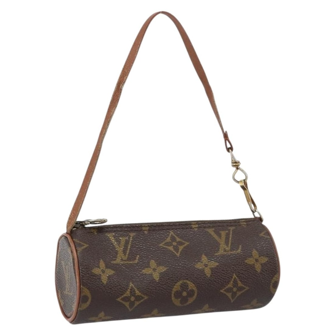 Papillon Pochette Clutch by Louis Vuitton in Brown: Papillon Pochette Clutch by Louis Vuitton in Brown Louis Vuitton Papillon Pochette in brown features a classic clutch and pouch design. The bag shows signs of surface rubbing and a slightly lost shape