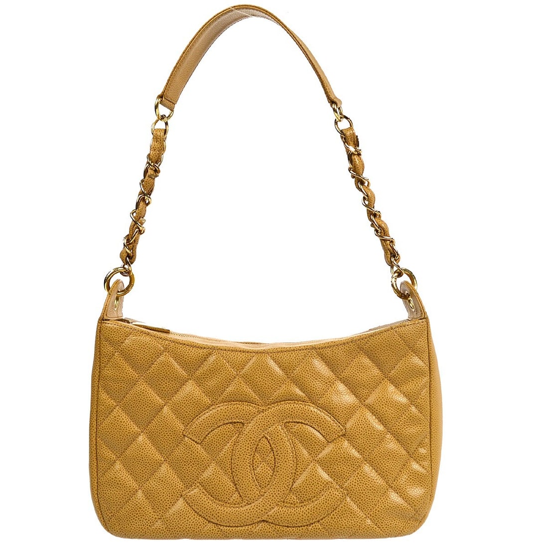 Chanel Beige Caviar Leather Quilted Shoulder Bag with Gold Hardware: Chanel Beige Caviar Leather Quilted Shoulder Bag with Gold Hardware This Chanel Beige Calfskin Chain Shoulder Bag is a stunning accessory that combines elegance and functionality. Crafted from luxurio