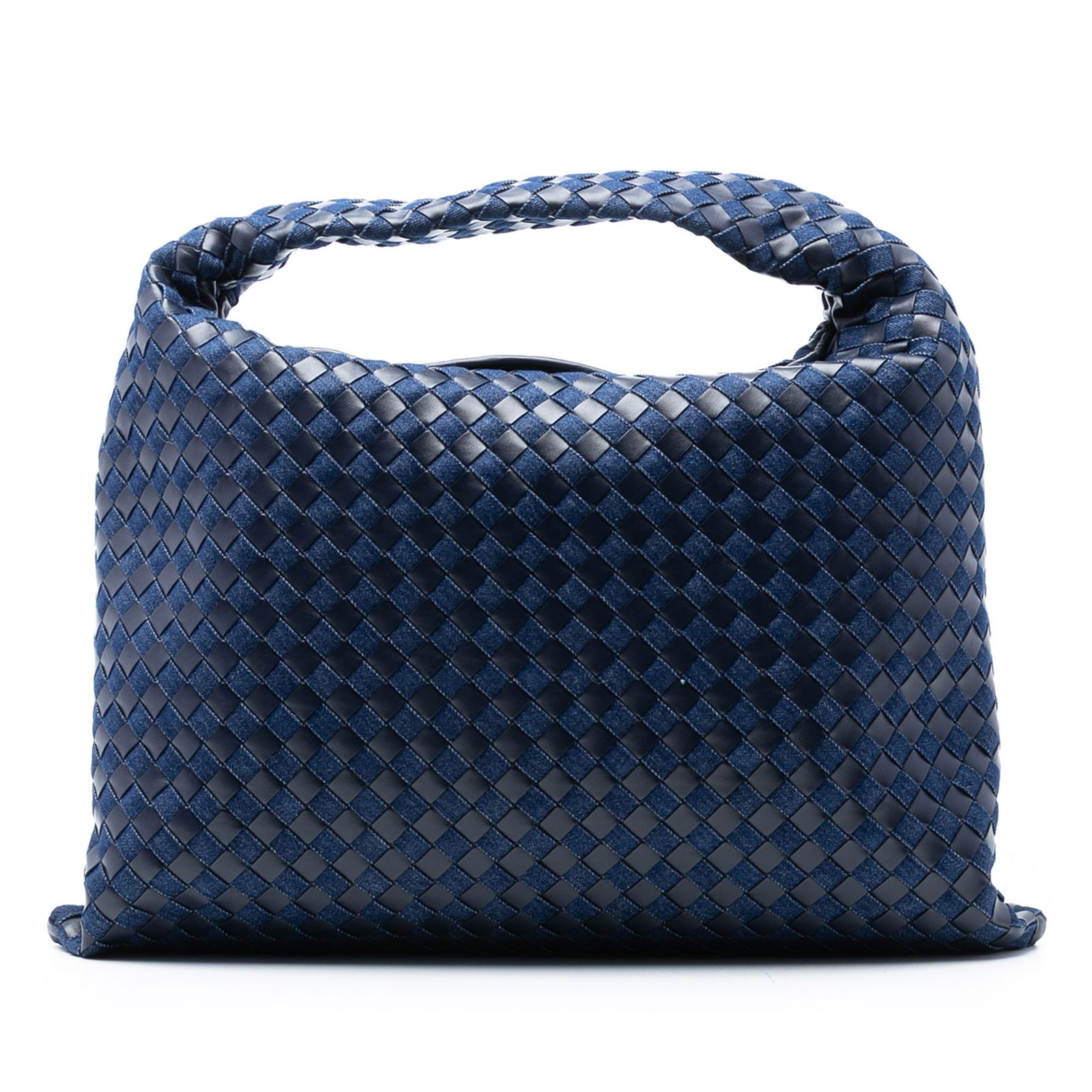 Bottega Veneta Hop Hobo Large Woven Calfskin and Denim Shoulder Bag: Bottega Veneta Hop Hobo Large Woven Calfskin and Denim Shoulder Bag This Bottega Veneta Large Calfskin and Denim Intrecciato Hop Hobo features a distinctive woven leather and denim exterior, a single