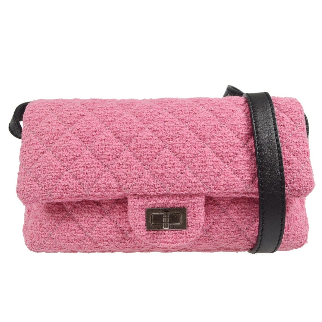 Chanel Pink Tweed Mademoiselle Lock Shoulder Bag with Leather Lining: Chanel Pink Tweed Mademoiselle Lock Shoulder Bag with Leather Lining Experience elegance with this Chanel Pink Tweed Mademoiselle Lock Shoulder Bag. This stylish medium-sized shoulder bag features a c