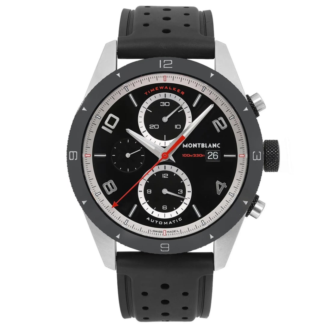 MontBlanc TimeWalker 43mm Steel Black Dial Chronograph Watch 116096: MontBlanc TimeWalker 43mm Steel Black Dial Chronograph Watch 116096 Experience the sophistication of the MontBlanc TimeWalker Chronograph Watch, featuring a sleek 43mm stainless steel case with a brus