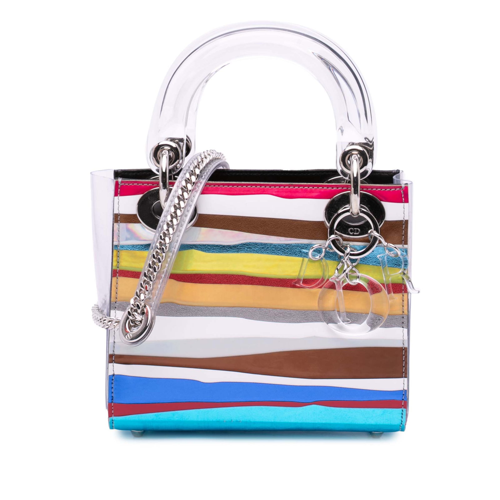 Dior Wang Guangle Medium White PVC Lady Dior Bag: Dior Wang Guangle Medium White PVC Lady Dior Bag The Lady Dior bag showcases a unique layered fabric and a durable PVC body, complemented by structured acrylic handles for a sophisticated look. This s