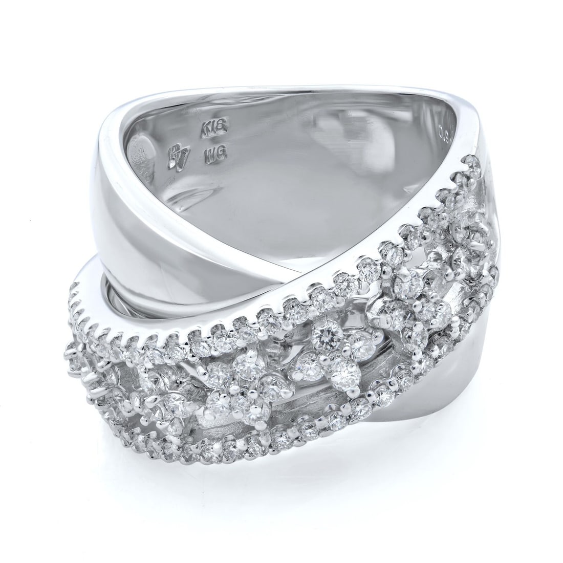 Rachel Koen 18K White Gold Diamond Criss-Cross Ring 1.00ct Size 6: Rachel Koen 18K White Gold Diamond Criss-Cross Ring 1.00ct Size 6 Experience the elegance of the Rachel Koen Diamond Layered Wide Band Ring, designed in luxurious 18K white gold. This stunning ring fe