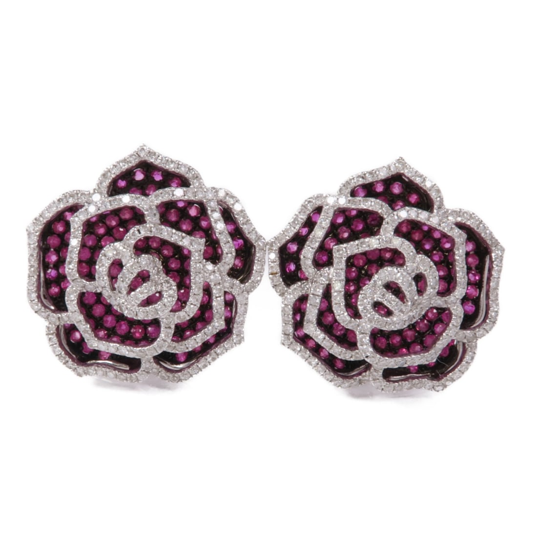 JEWELRY Ruby Diamond Pierced Earrings in 18K White Gold: JEWELRY Ruby Diamond Pierced Earrings in 18K White Gold Elevate your elegance with these stunning Ruby Diamond Earrings, crafted in luxurious 18K White Gold. These pierced earrings feature a vibrant r
