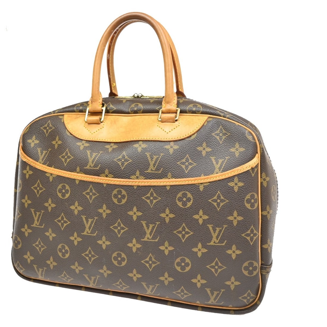 Pre-Owned Deauville Brown Handbag by Louis Vuitton: Pre-Owned Deauville Brown Handbag by Louis Vuitton This pre-owned Louis Vuitton Deauville handbag features a brown exterior and is designed for female use. It shows noticeable signs of wear, including