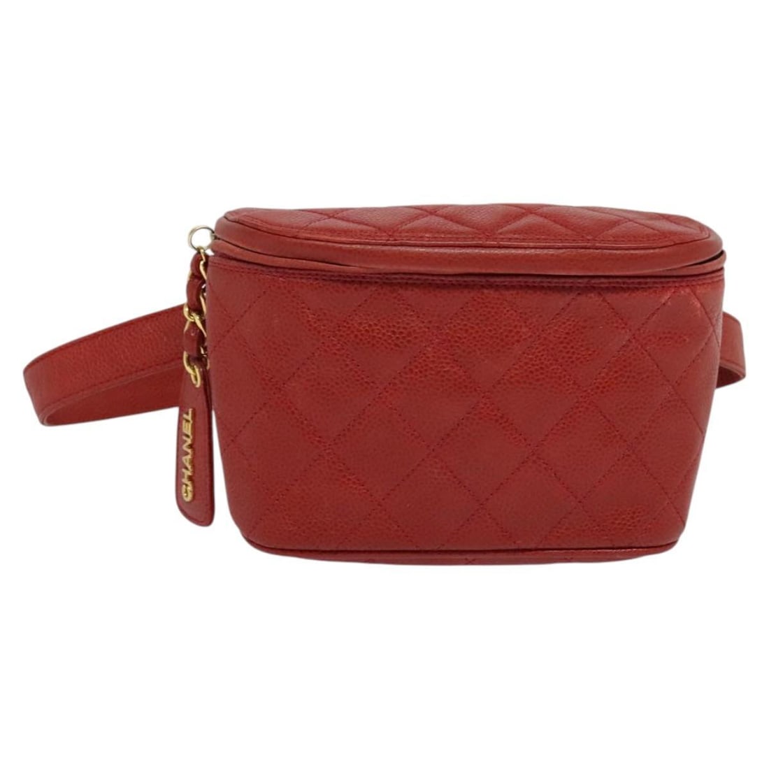 Red Chanel Vintage Zip Belt Bag with Shoulder Strap: Red Chanel Vintage Zip Belt Bag with Shoulder Strap This Chanel vintage zip belt bag in red features a classic design with a zip closure. The exterior shows some surface rubbing and a slightly lost sh