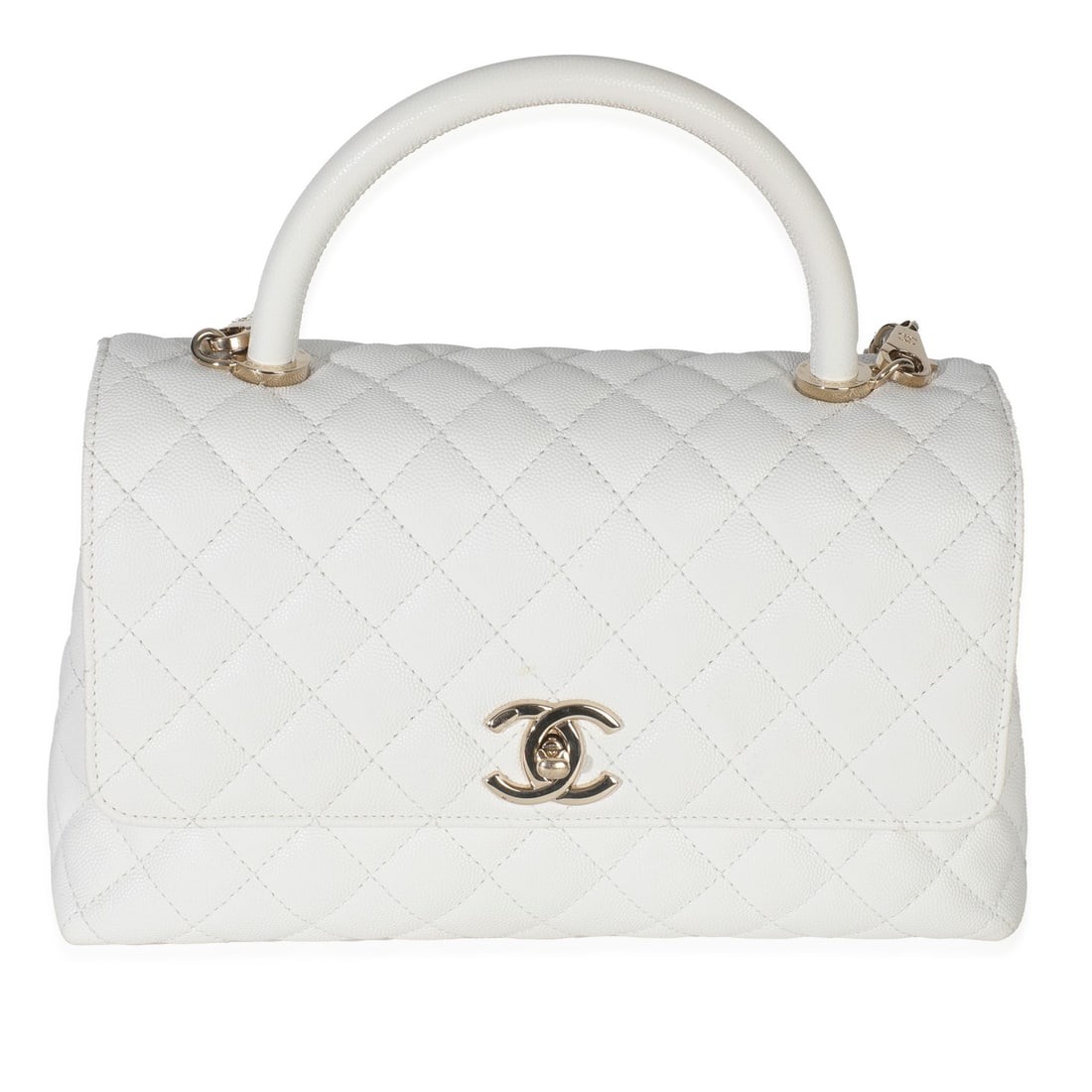 Coco Medium Top Handle Shoulder Bag in White Quilted Leather by Chanel: Coco Medium Top Handle Shoulder Bag in White Quilted Leather by Chanel This Chanel Coco Top Handle handbag features a white quilted caviar leather exterior and a structured medium silhouette. Designed