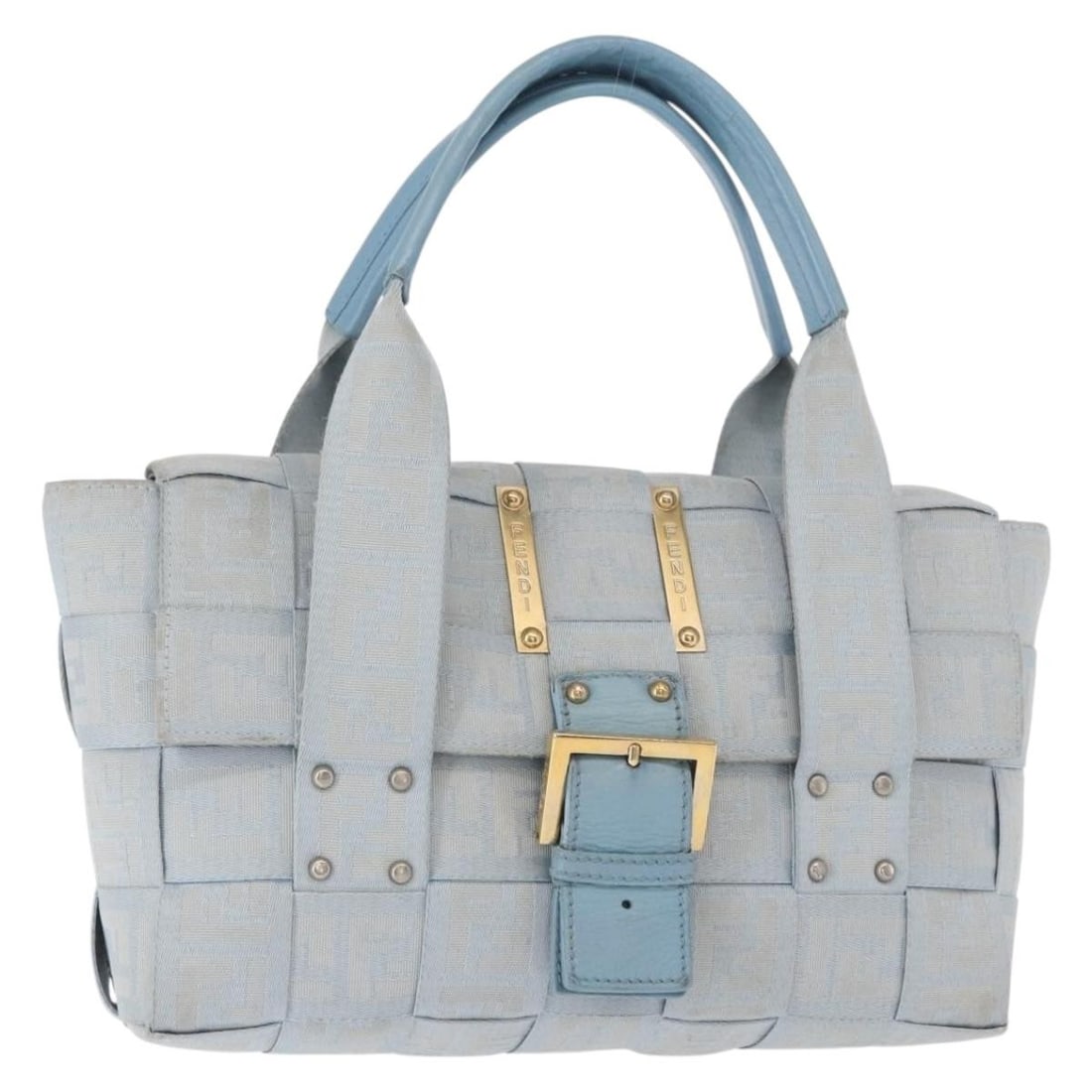 FENDI Zucca Canvas Hand Bag Light Blue Gold Auth Italy: FENDI Zucca Canvas Hand Bag Light Blue Gold Auth Italy This authentic Fendi Zucca Canvas Hand Bag features a stylish light blue and gold exterior, making it a chic accessory for any occasion. Crafted