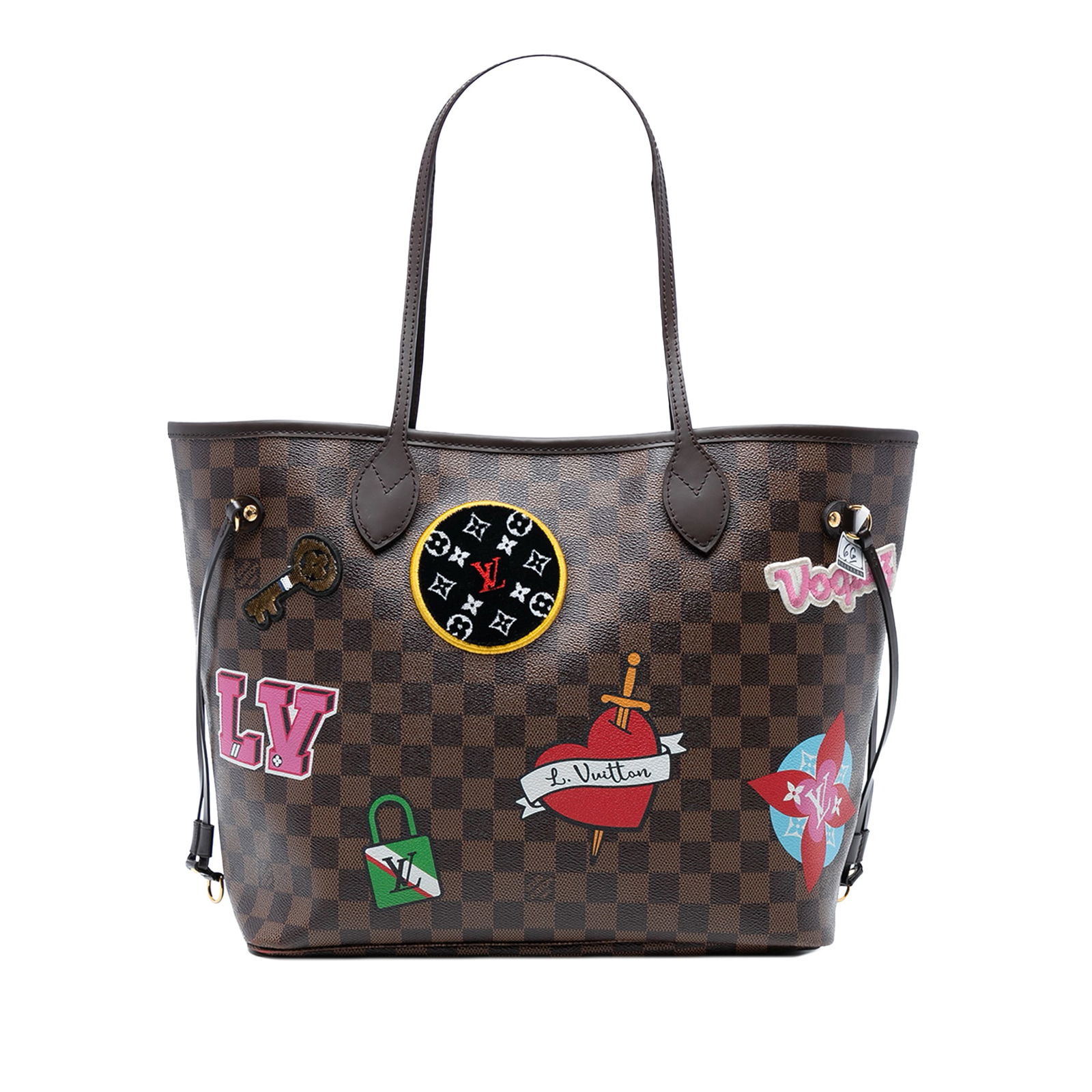 Louis Vuitton Damier Ebene Neverfull Patches MM Bag: Louis Vuitton Damier Ebene Neverfull Patches MM Bag The Louis Vuitton Damier Ebene Neverfull Patches MM is a stylish and versatile tote bag crafted from durable damier ebene canvas and complemented by