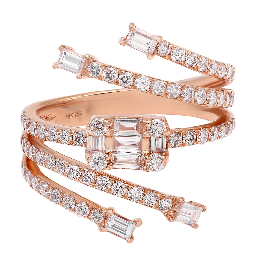 Rachel Koen 18K Rose Gold Baguette Round Diamond Ring 1.19Cttw: Rachel Koen 18K Rose Gold Baguette Round Diamond Ring 1.19Cttw Make a statement with this exquisite Baguette & Round Cut Diamond Ring, expertly crafted in 18K rose gold. Featuring a dazzling combinati