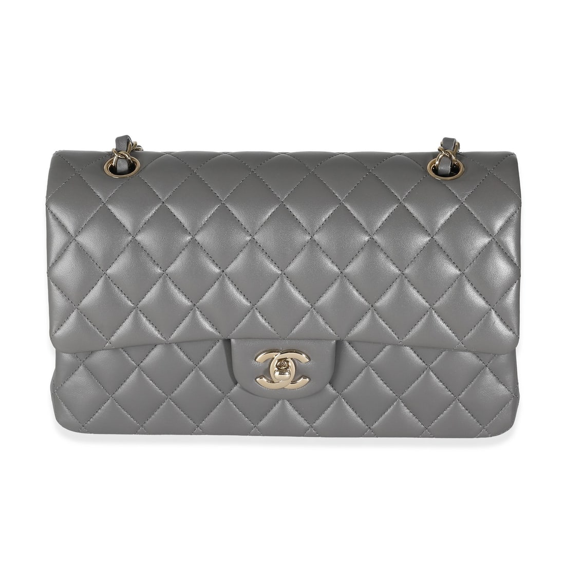 Chanel 22A Grey Quilted Lambskin Medium Classic Double Flap Shoulder Bag: Chanel 22A Grey Quilted Lambskin Medium Classic Double Flap Shoulder Bag Introducing the Chanel 22A Grey Quilted Lambskin Medium Classic Double Flap Bag, a timeless addition to any collection. This ex