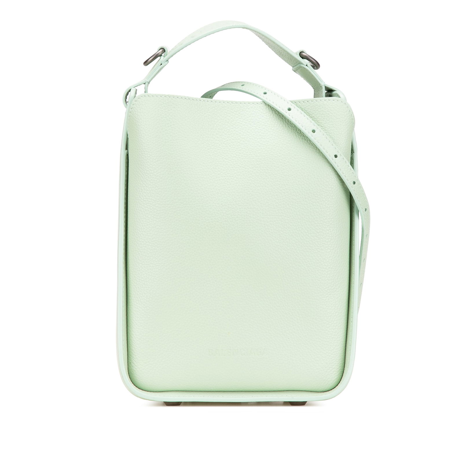Balenciaga Green Pebbled Calfskin Tool 2.0 XS Tote with Detachable Strap: Balenciaga Green Pebbled Calfskin Tool 2.0 XS Tote with Detachable Strap Introducing the Balenciaga Pebbled Calfskin Tool 2.0 North South XS Tote, an elegant and practical addition to your accessory c