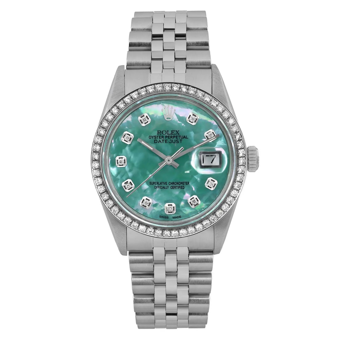 Rolex Datejust 36mm Steel Green Turquoise Diamond Dial Watch 16030 Vintage: Rolex Datejust 36mm Steel Green Turquoise Diamond Dial Watch 16030 Vintage This exquisite Rolex Datejust wristwatch features a striking 36mm stainless steel case and a captivating green turquoise diam