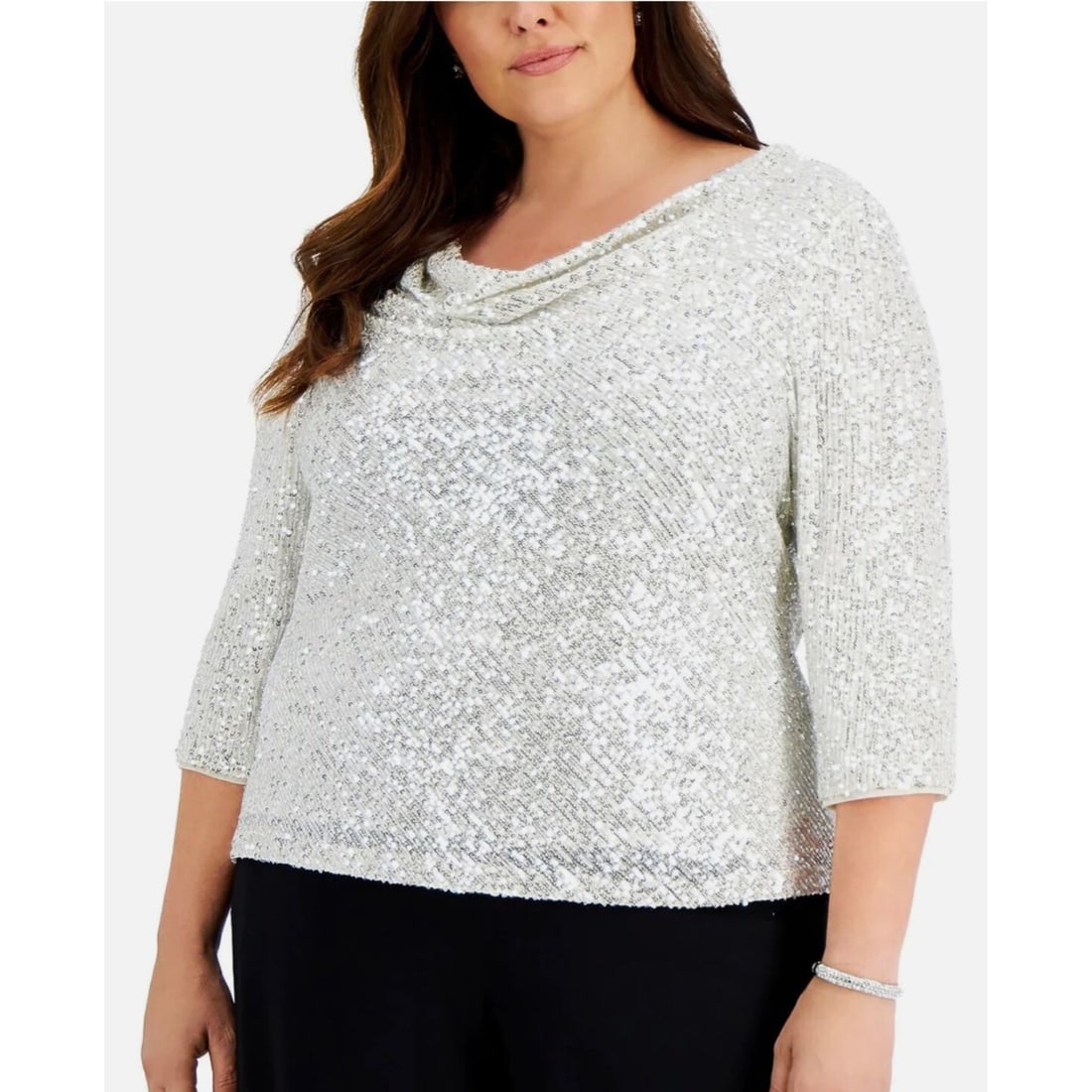 Alex Evenings Plus Size 1X Silver Sequin Cowlneck Blouse (1 of 2)