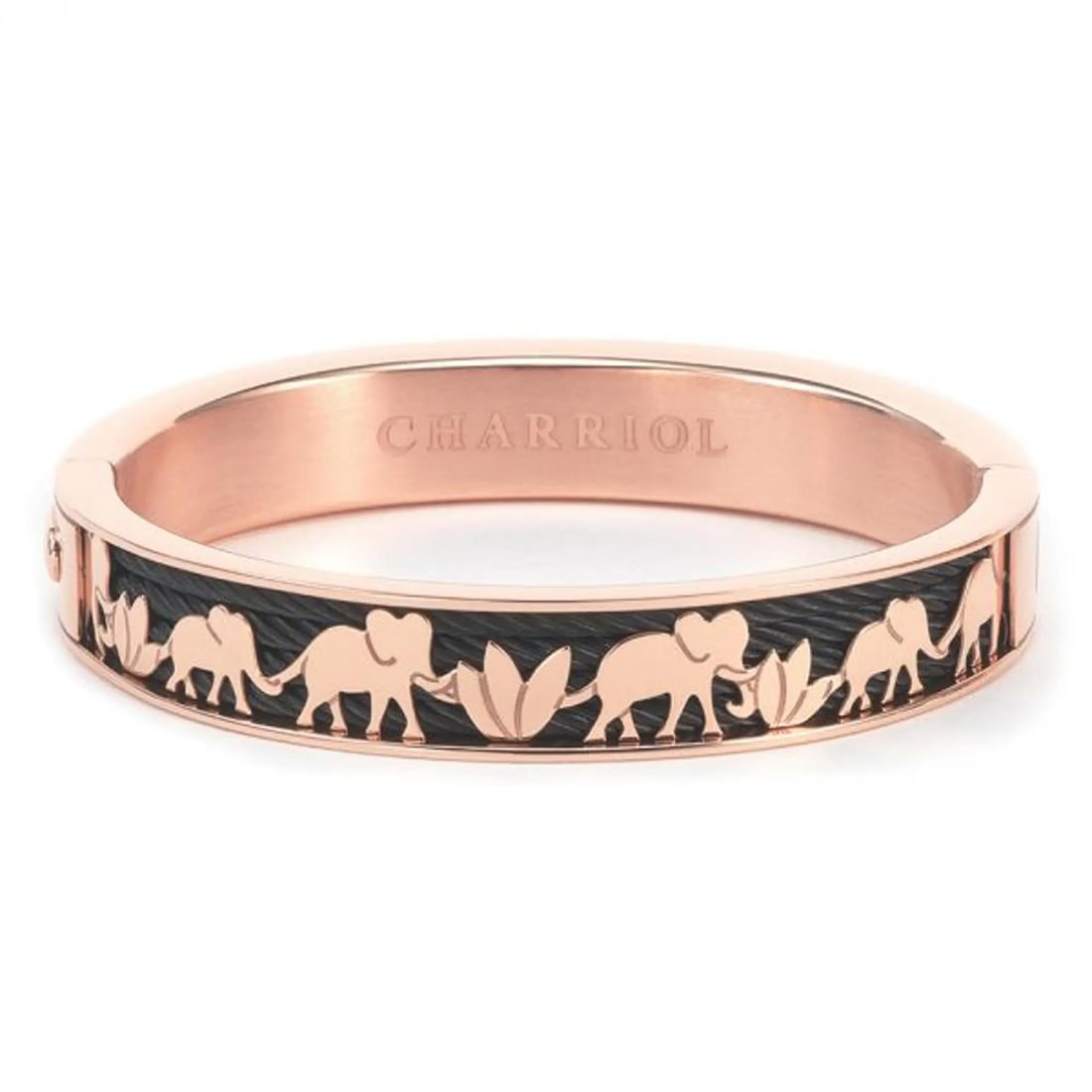 Charriol Forever Elephant Rose Gold Bangle with Black PVD Steel: Charriol Forever Elephant Rose Gold Bangle with Black PVD Steel This exquisite Charriol Forever Elephant bangle is a stunning accessory that combines elegance and symbolism. Crafted from rose gold PVD
