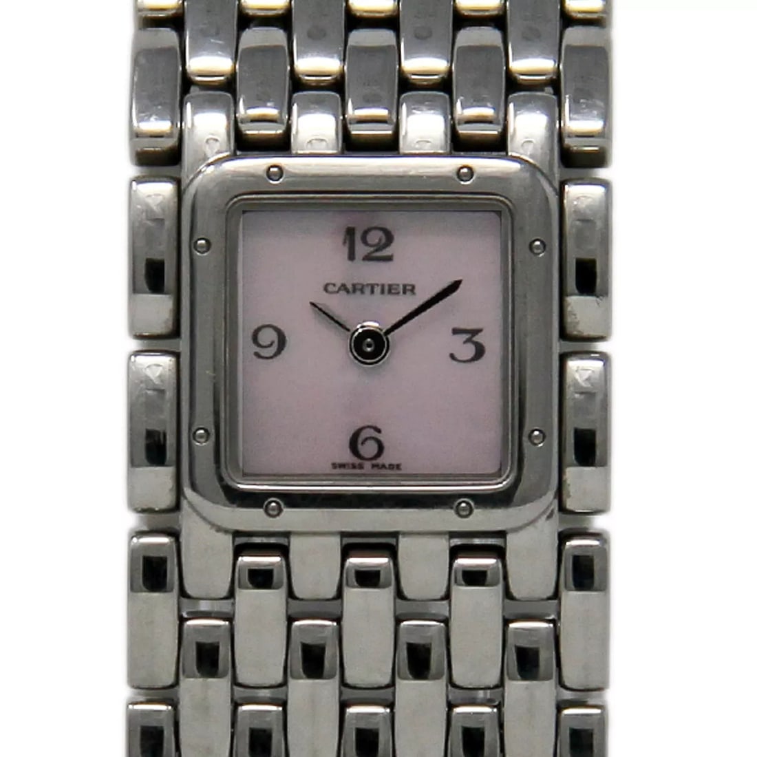 Pink Mother of Pearl Dial Cartier Panthere Ruban Watch Ref 2420: Pink Mother of Pearl Dial Cartier Panthere Ruban Watch Ref 2420 This Cartier Panthere Ruban watch features a 21mm stainless steel case with a pink mother-of-pearl Arabic dial. It has 18 links and is i