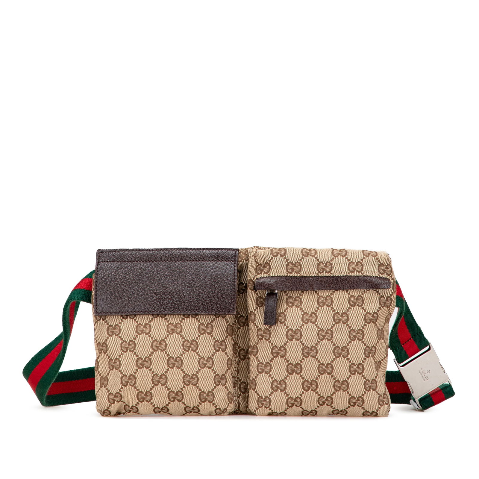 Gucci GG Canvas Web Double Pocket Belt Bag Brown Italy: Gucci GG Canvas Web Double Pocket Belt Bag Brown Italy This Gucci GG Canvas Web Double Pocket Belt Bag showcases a stylish GG canvas body complemented by leather trim. It features a flat web canvas be