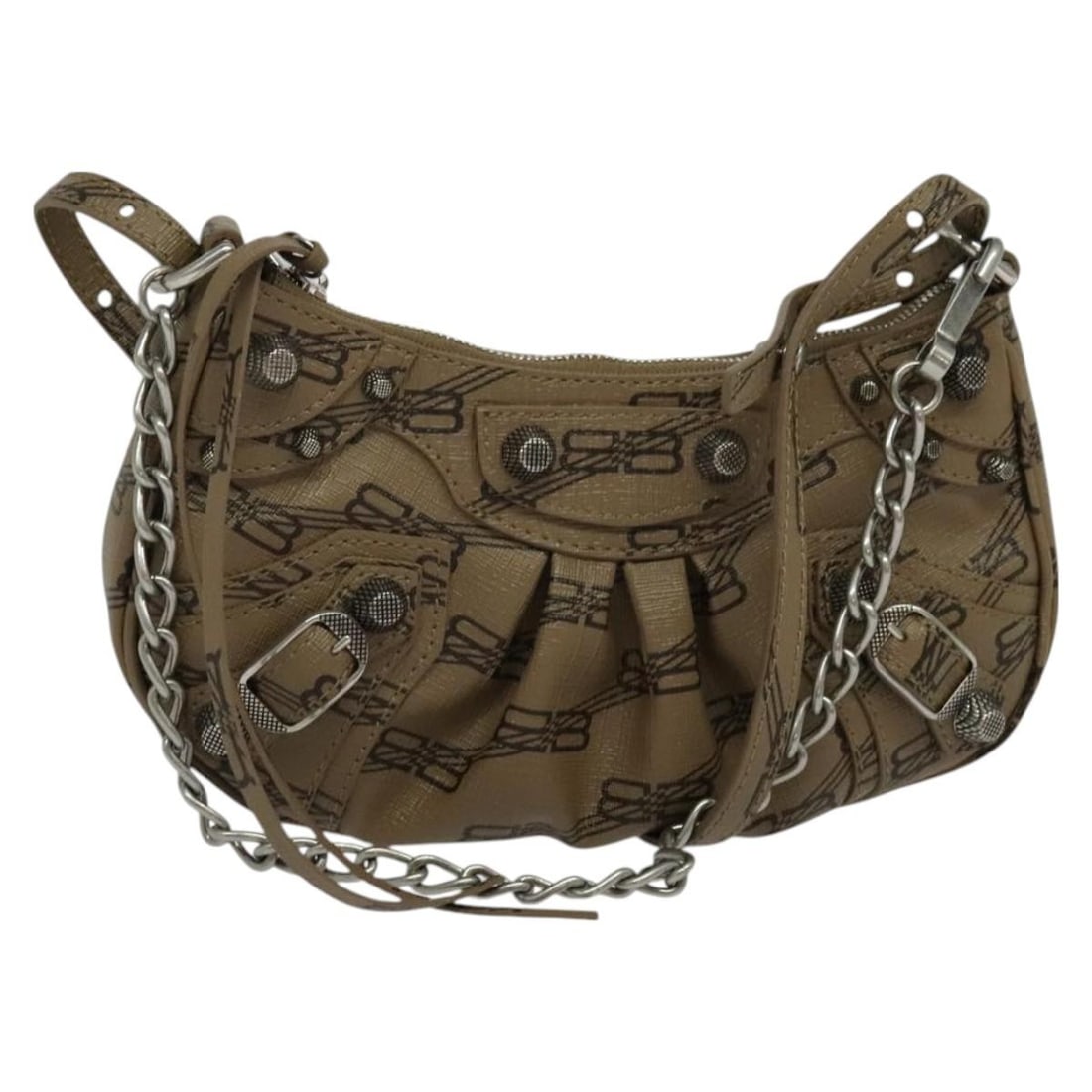 Beige Le Cagole Giant Studs Shoulder Bag by Balenciaga with Chain: Beige Le Cagole Giant Studs Shoulder Bag by Balenciaga with Chain This Balenciaga Le Cagole Giant Studs Chain Shoulder Bag is crafted in beige and designed for female use. The bag shows signs of rubbi