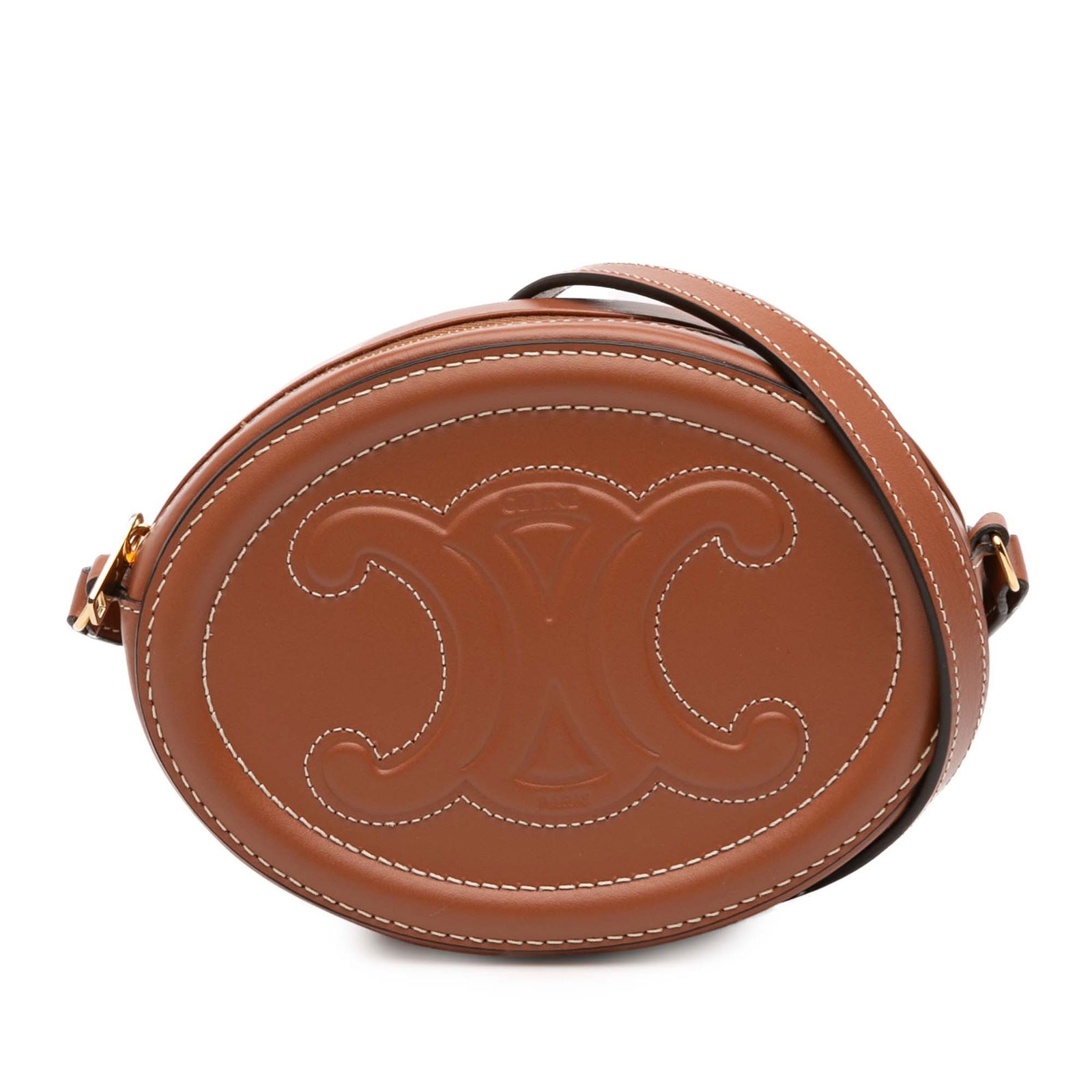 Celine Triomphe Oval Small Leather Crossbody Bag with Embossed Finish: Celine Triomphe Oval Small Leather Crossbody Bag with Embossed Finish This Celine Small Calfskin Cuir Triomphe Oval Crossbody features an embossed leather body in brown, a flat leather shoulder strap,