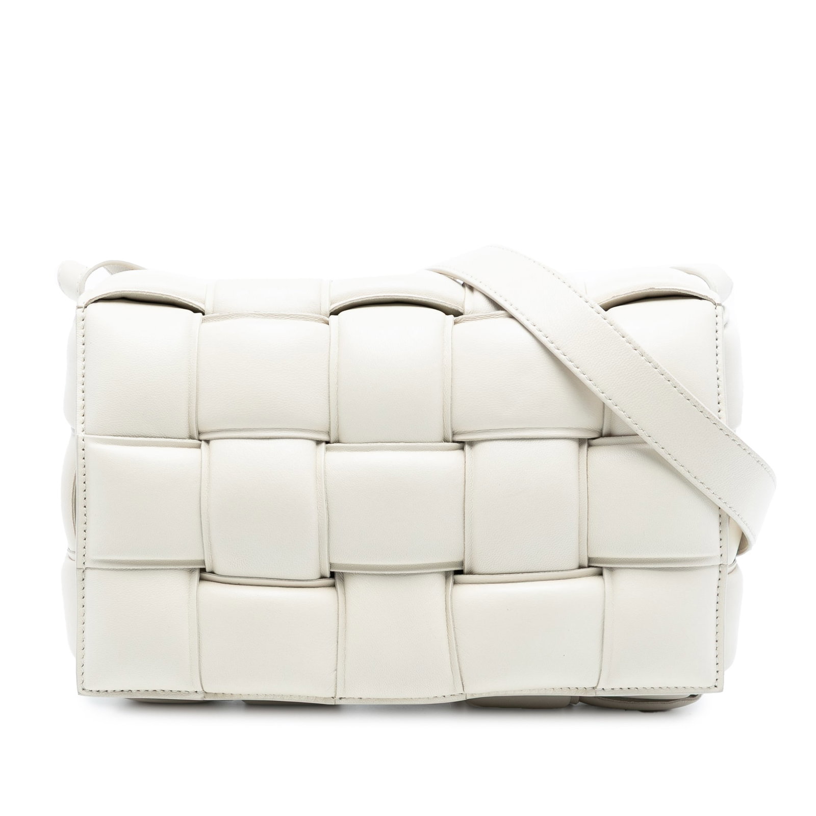 Bottega Veneta White Padded Cassette Crossbody Woven Nappa Leather Bag: Bottega Veneta White Padded Cassette Crossbody Woven Nappa Leather Bag This Bottega Veneta Padded Cassette is crafted from woven nappa leather in white and features a flat leather strap, a front flap