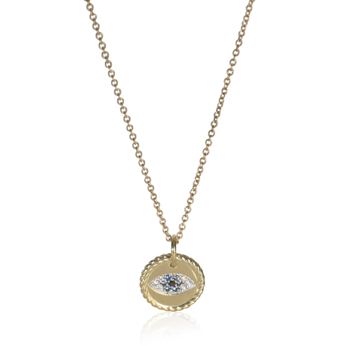 18k Yellow Gold Sapphire Diamond Pendant from Cable Collectibles Evil Eye Collection: 18k Yellow Gold Sapphire Diamond Pendant from Cable Collectibles Evil Eye Collection This David Yurman Cable Collectibles Evil Eye pendant features an 18k yellow gold round brilliant design adorned wi