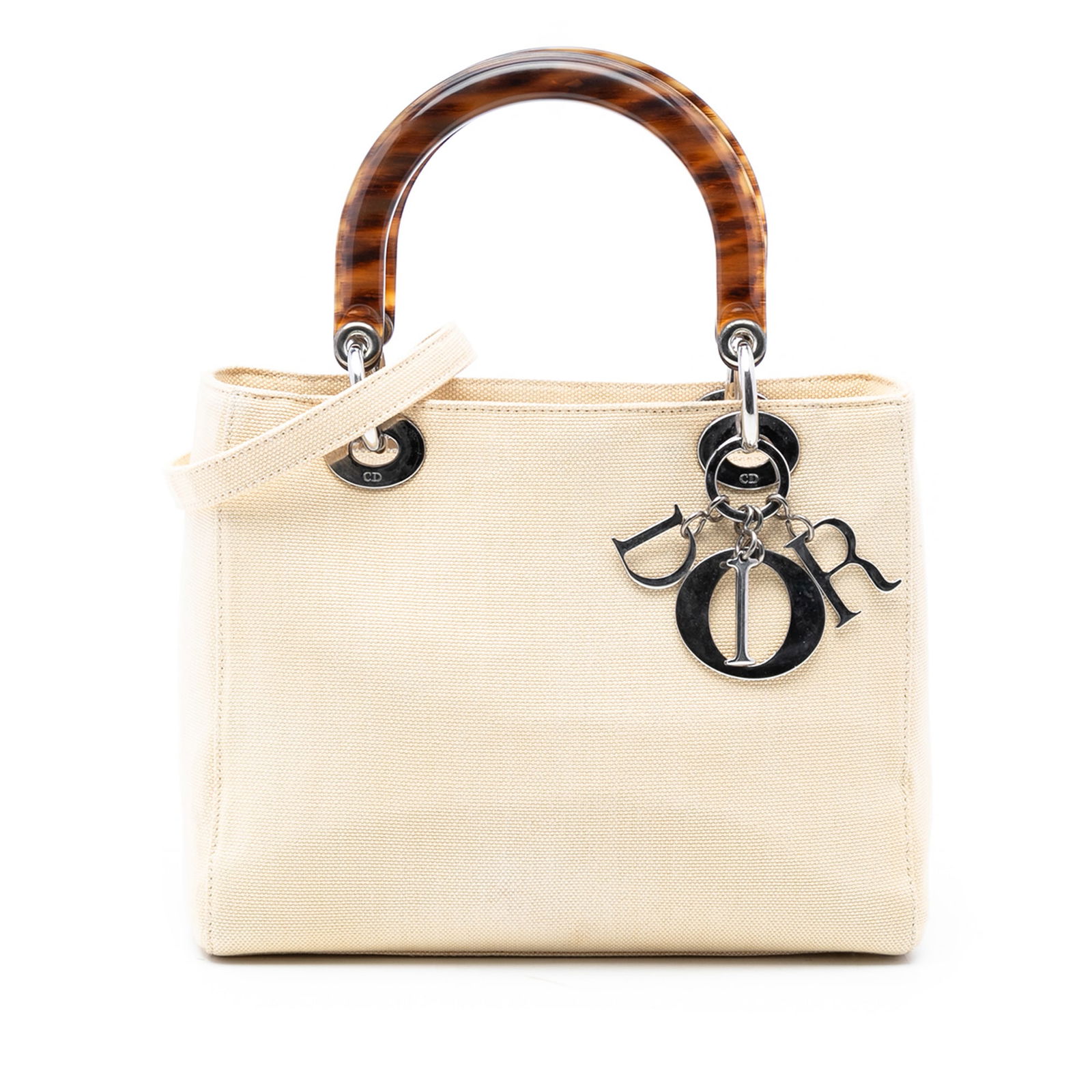 Dior Lady Dior Medium Handbag in Canvas with Plastic Handles: Dior Lady Dior Medium Handbag in Canvas with Plastic Handles This Lady Dior handbag features a canvas body with a white color, plastic top handles, a top zip closure, and an interior zip pocket. Made