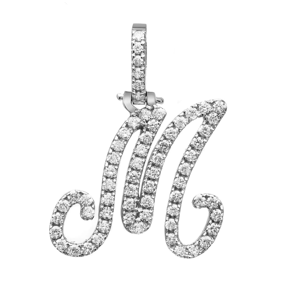 Rachel Koen 14K White Gold Initial M Pendant with 0.77ct Round Cut Diamonds: Rachel Koen 14K White Gold Initial M Pendant with 0.77ct Round Cut Diamonds This exquisite Round Cut Diamond "M" Calligraphy Initial Letter Pendant is a stunning accessory crafted from lustrous 14K wh