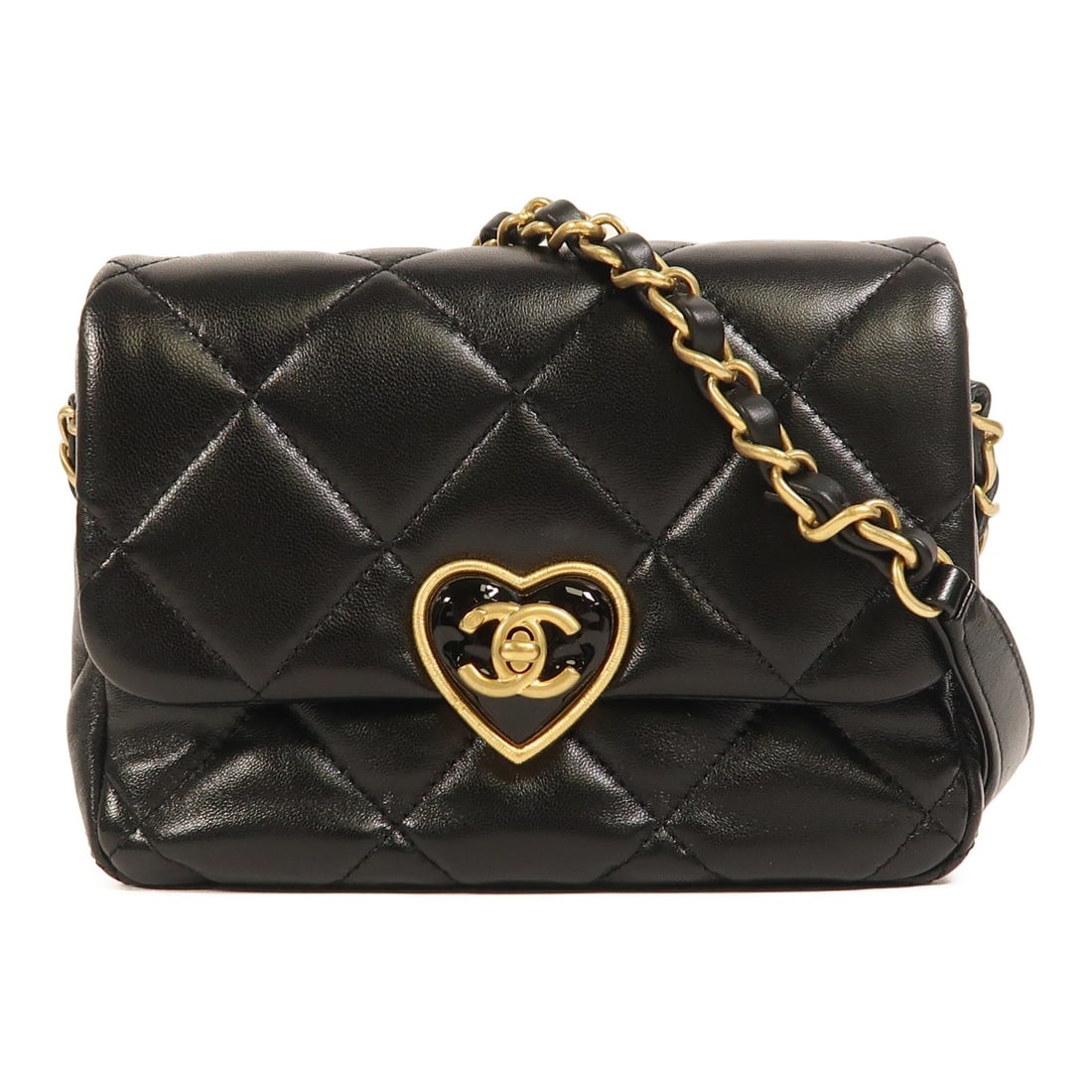 Chanel Coco Love Black Lambskin Shoulder Bag with Gold CC Chain AS3979: Chanel Coco Love Black Lambskin Shoulder Bag with Gold CC Chain AS3979 This CHANEL Coco Love shoulder bag features black lambskin leather with a signature CC detail and gold tone hardware. The structu