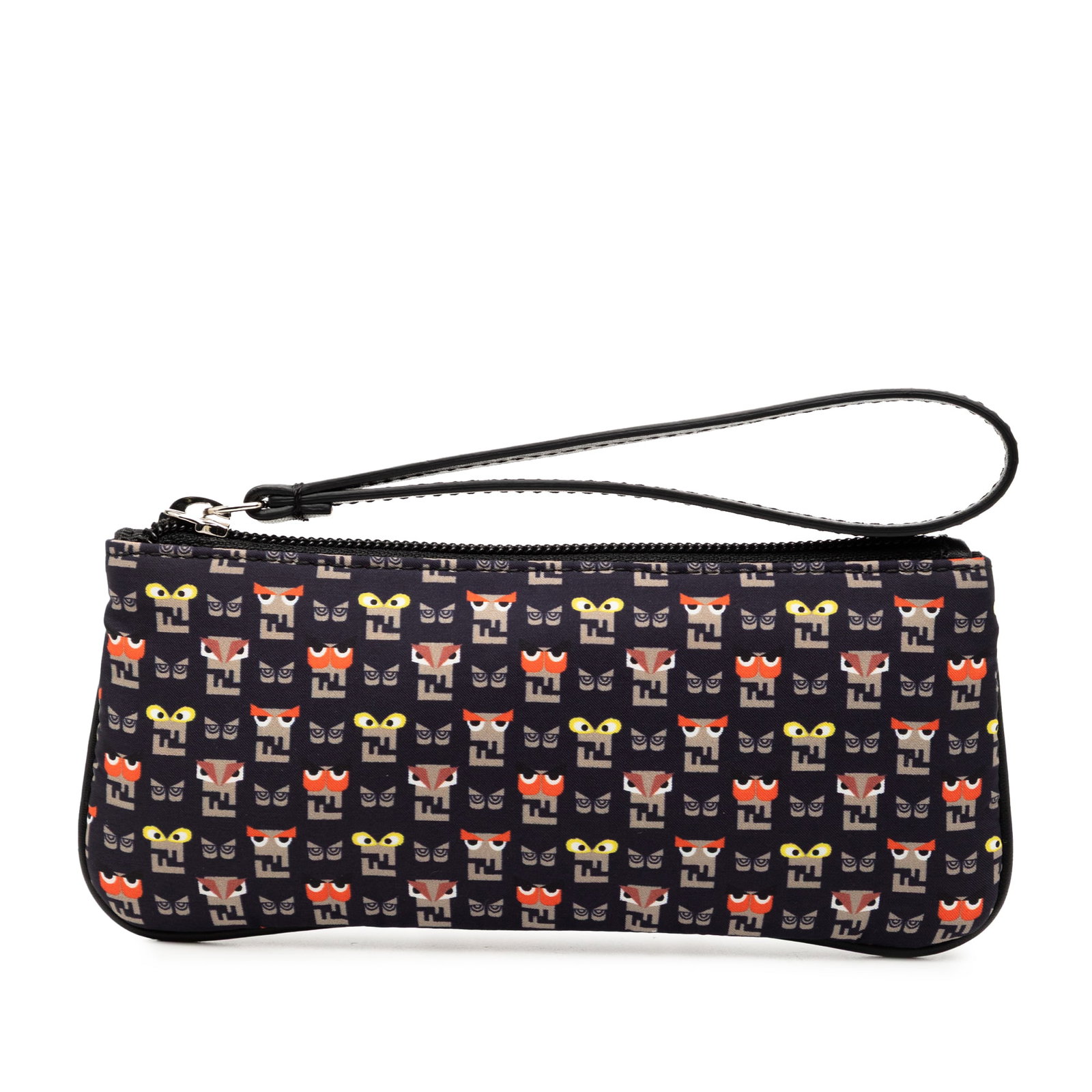 Fendi Monster Print Canvas Clutch with Leather Wrist Strap: Fendi Monster Print Canvas Clutch with Leather Wrist Strap This Fendi clutch features a printed canvas body with a playful Monster motif, complemented by a flat leather wrist strap and a secure top zi