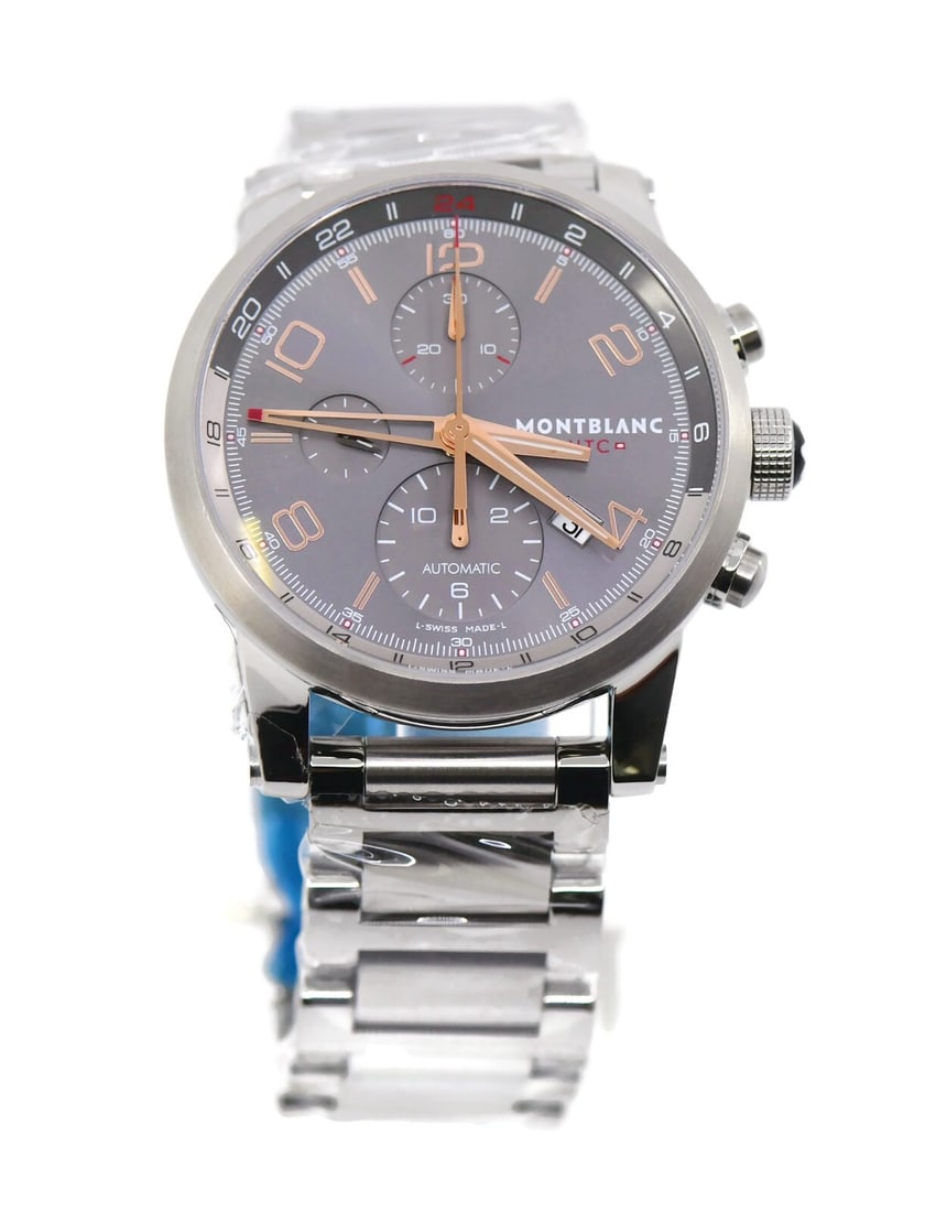 Montblanc Timewalker GMT Chronograph Stainless Steel Watch 43mm 107303 with Box and Papers: Montblanc Timewalker GMT Chronograph Stainless Steel Watch 43mm 107303 with Box and Papers Experience the elegance and precision of the Montblanc Timewalker GMT Chronograph, a luxurious wristwatch cra
