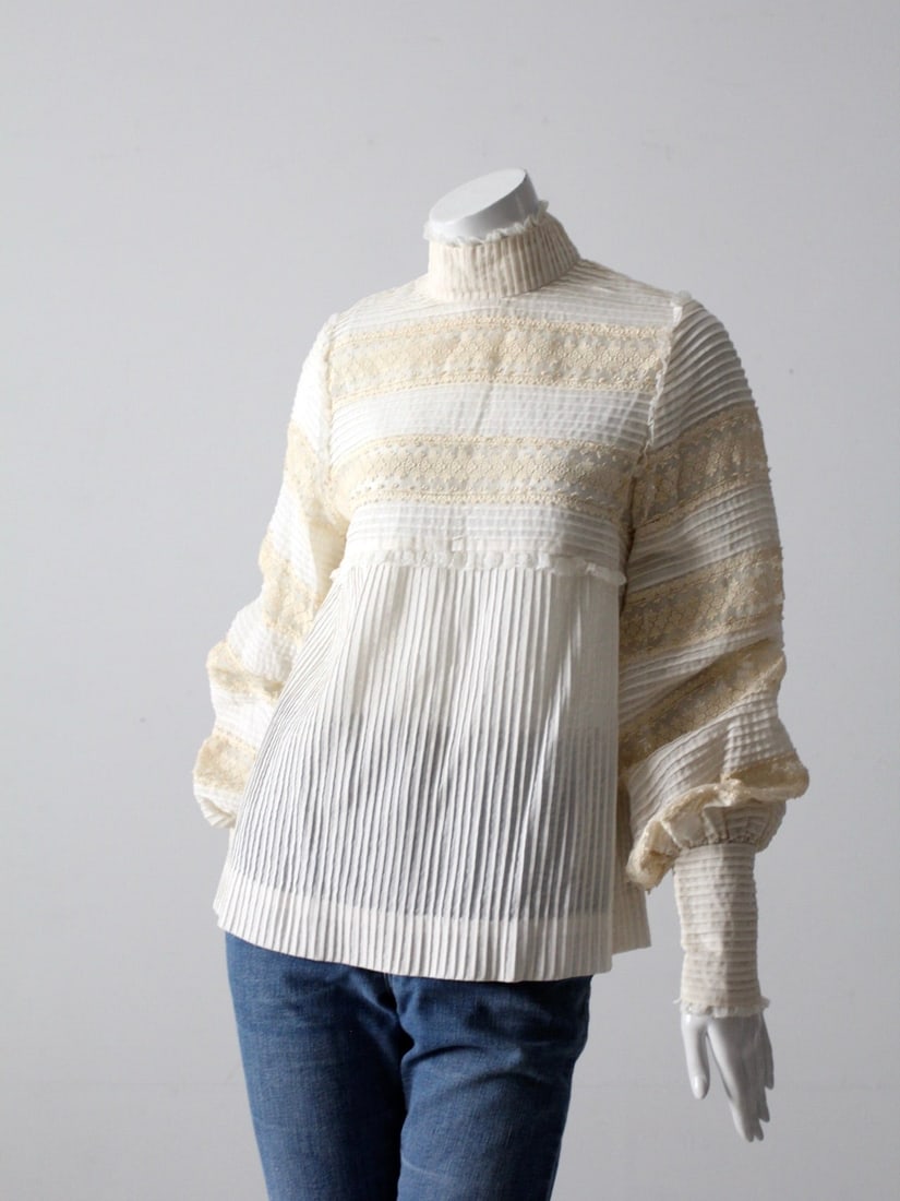 1960s Vintage Jax Victorian Inspired Blouse Semi-Sheer Cotton: 1960s Vintage Jax Victorian Inspired Blouse Semi-Sheer Cotton Step back in time with this exquisite 1960s vintage blouse designed by Jax. This Victorian-inspired top is crafted from semi-sheer cotton,