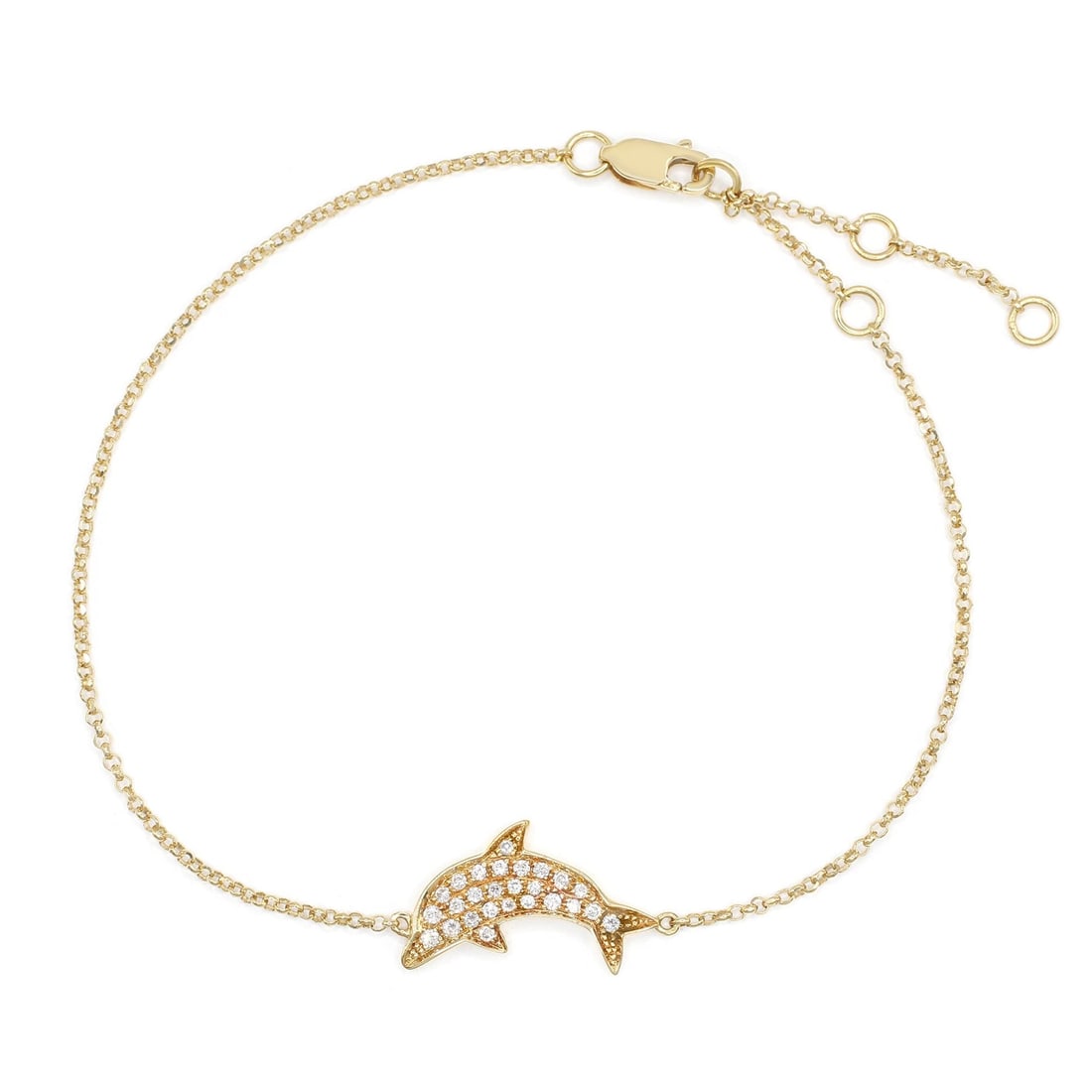 Rachel Koen 18K Yellow Gold Diamond Dolphin Bracelet 0.20ct: Rachel Koen 18K Yellow Gold Diamond Dolphin Bracelet 0.20ct This exquisite diamond dolphin chain bracelet is crafted from 18K yellow gold, showcasing a beautiful combination of elegance and charm. The