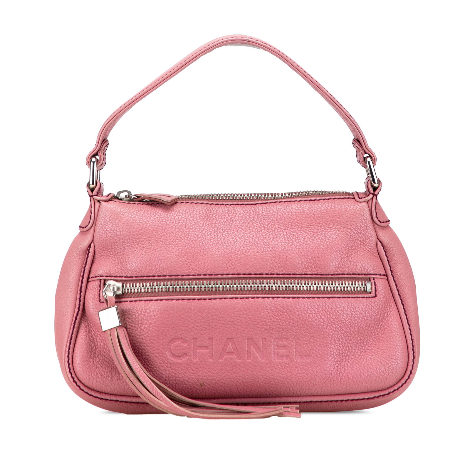 Chanel Pink Calfskin LAX Front Pocket Shoulder Bag: Chanel Pink Calfskin LAX Front Pocket Shoulder Bag This exquisite Chanel Calfskin LAX Front Pocket Shoulder Bag showcases a luxurious pebbled leather body adorned with a stylish tassel detail. The bag