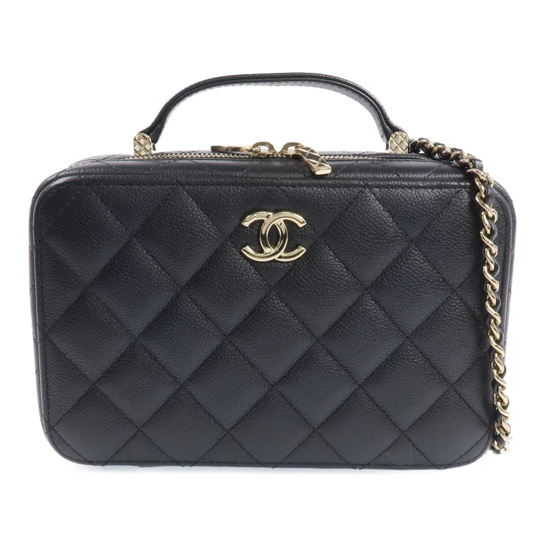 Black Calfskin CHANEL Vanity Case with Gold Hardware Shoulder Strap: Black Calfskin CHANEL Vanity Case with Gold Hardware Shoulder Strap This CHANEL vanity case is crafted from black calfskin leather and designed for versatile use as a 2-way shoulder bag. Featuring the