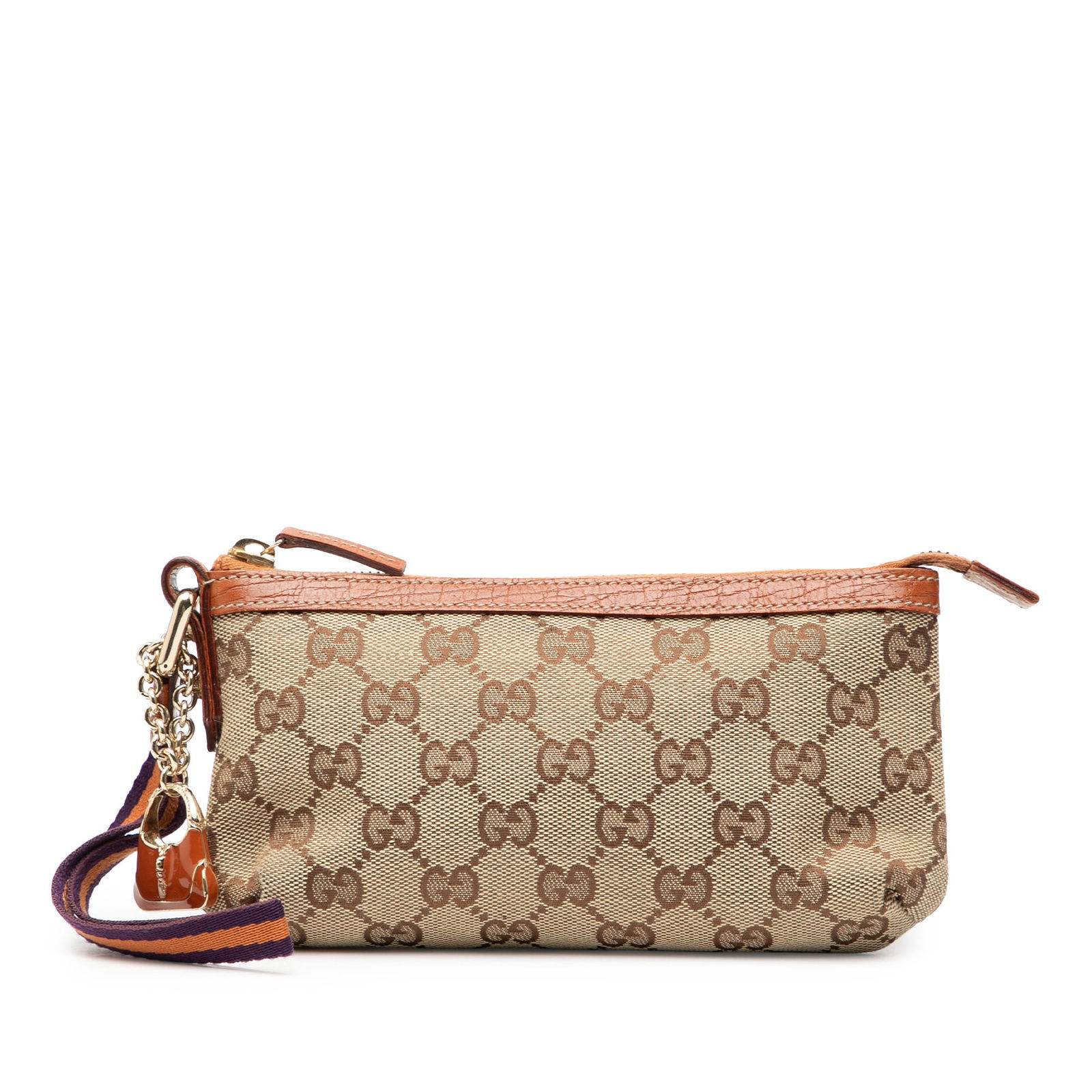 Gucci Jolicoeur GG Canvas Brown Wristlet Clutch Bag with Leather Trim: Gucci Jolicoeur GG Canvas Brown Wristlet Clutch Bag with Leather Trim The Gucci GG Canvas Jolicoeur Pochette is a compact clutch bag crafted from canvas with leather trim. It features a flat wrist str