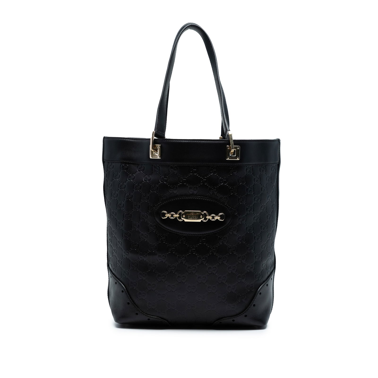 Gucci Guccissima Punch Tote Black Leather Bag: Gucci Guccissima Punch Tote Black Leather Bag The Guccissima Punch Tote bag showcases an elegant embossed leather body in classic black. Designed with practicality in mind, it features a convenient ex