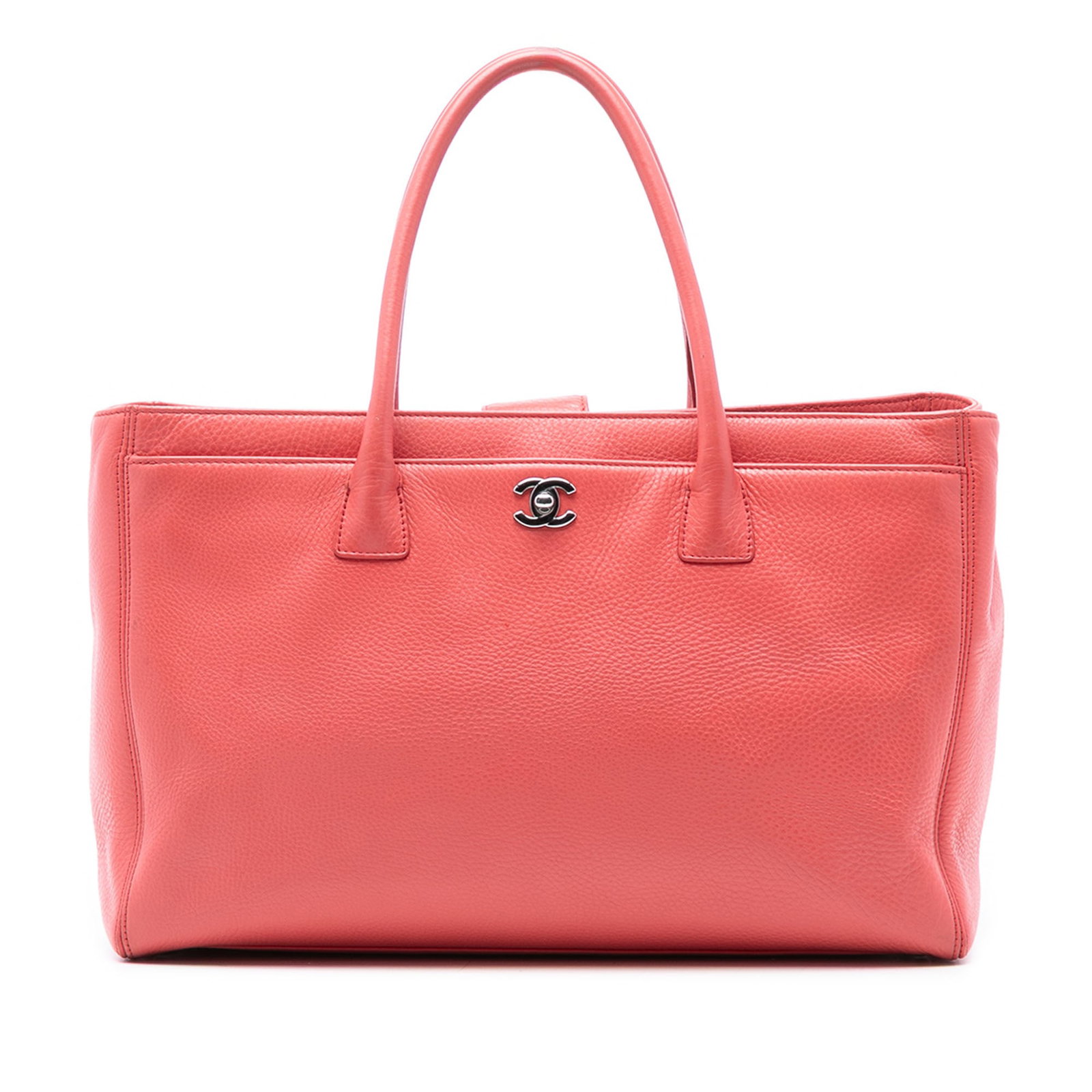 Chanel Cerf Tote Medium Pink Calf Leather Executive Handbag: Chanel Cerf Tote Medium Pink Calf Leather Executive Handbag This Chanel Medium Calfskin Executive Cerf Tote features a pink calf leather body with rolled leather handles. The bag is designed with an o