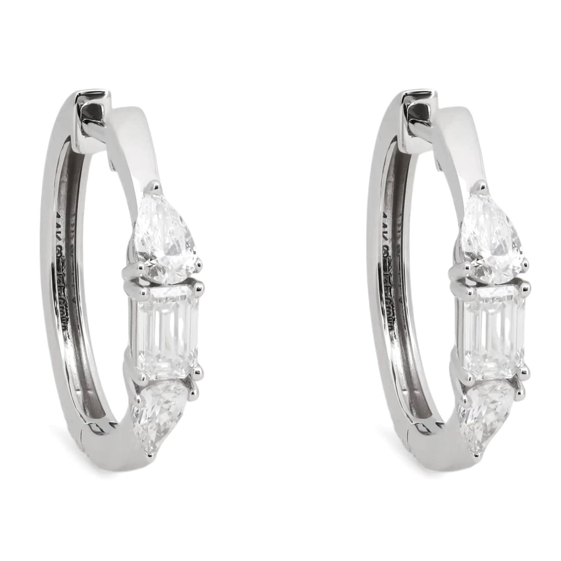 Rachel Koen 14k White Gold Lab Diamond Huggie Earrings Pear Emerald Cut 1.00ctw: Rachel Koen 14k White Gold Lab Diamond Huggie Earrings Pear Emerald Cut 1.00ctw These elegant huggie earrings are crafted from 14k white gold and feature lab grown diamonds in both pear and emerald cu