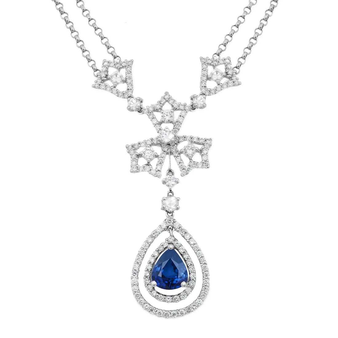Rachel Koen 18K White Gold Y-Drop Necklace with Blue Sapphire and Diamonds 3.75 Ctw: Rachel Koen 18K White Gold Y-Drop Necklace with Blue Sapphire and Diamonds 3.75 Ctw This stunning Y-Drop necklace features a captivating pear-shaped blue sapphire weighing 1.45 carats, beautifully com