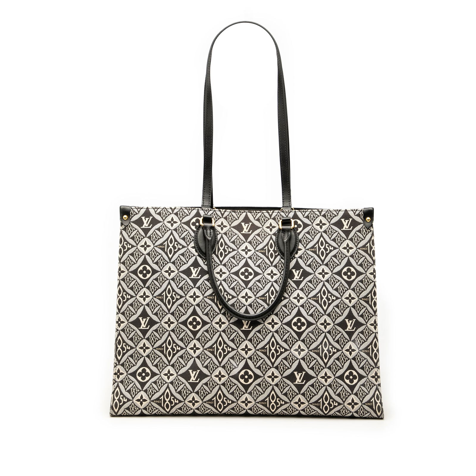 Louis Vuitton OnTheGo GM Black Monogram Jacquard Fabric Tote Bag: Louis Vuitton OnTheGo GM Black Monogram Jacquard Fabric Tote Bag The Louis Vuitton Monogram Jacquard Since 1854 OnTheGo GM is a spacious tote featuring a fabric body with signature monogram jacquard,