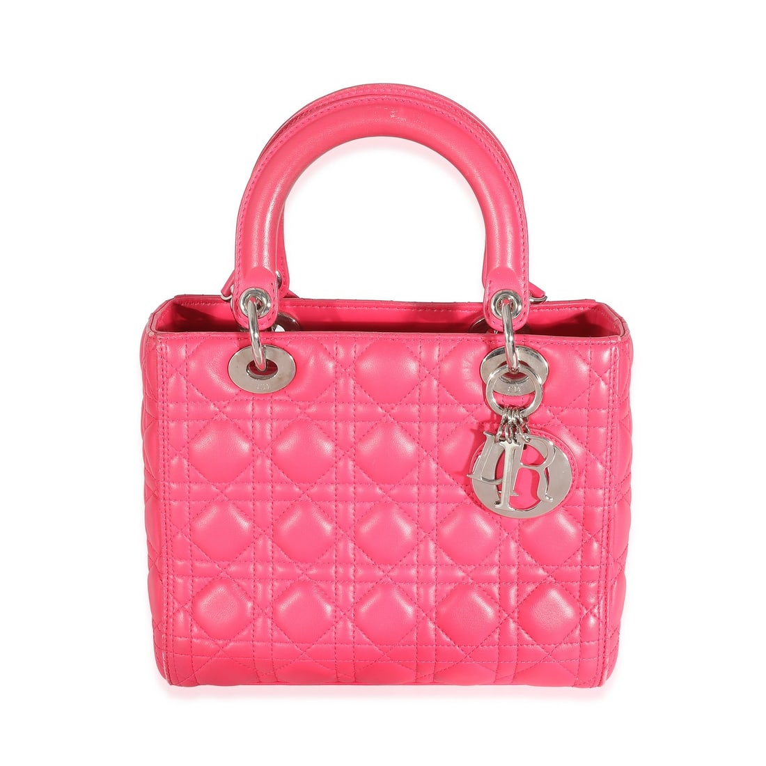 Pink Lambskin Medium Lady Dior Shoulder Bag with Removable Strap: Pink Lambskin Medium Lady Dior Shoulder Bag with Removable Strap This Christian Dior Medium Lady Dior handbag features pink cannage lambskin leather with silver-tone hardware. It offers both shoulder