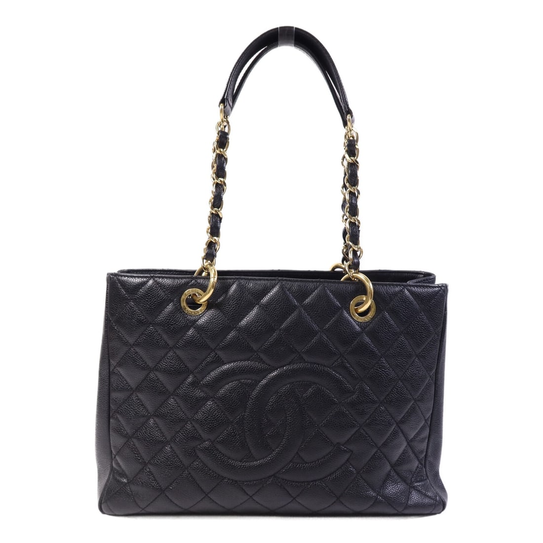 Black Calfskin CHANEL GST Shoulder Bag with Gold Tone CC Chain: Black Calfskin CHANEL GST Shoulder Bag with Gold Tone CC Chain This is a CHANEL GST chain shoulder bag crafted from black calfskin leather. The bag features gold-tone hardware, a classic CC logo, and