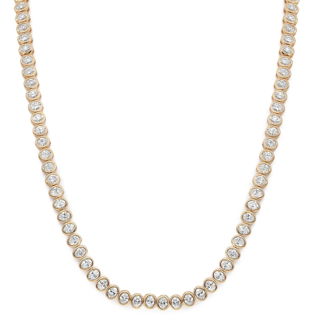 Rachel Koen 18K Yellow Gold Oval Cut Diamond Tennis Necklace 14.76Cttw 17 Inch: Rachel Koen 18K Yellow Gold Oval Cut Diamond Tennis Necklace 14.76Cttw 17 Inch This stunning Tennis Necklace features a classic single-line design adorned with 108 bezel set oval cut diamonds, totalin