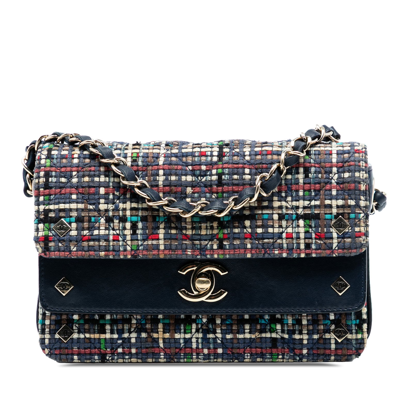 Chanel Mini Double Flap Tweed and Lambskin Crossbody Bag Blue: Chanel Mini Double Flap Tweed and Lambskin Crossbody Bag Blue This Chanel Mini CC Quilted Double Flap crossbody bag features a blue tweed and lambskin leather body with a leather-woven chain link stra