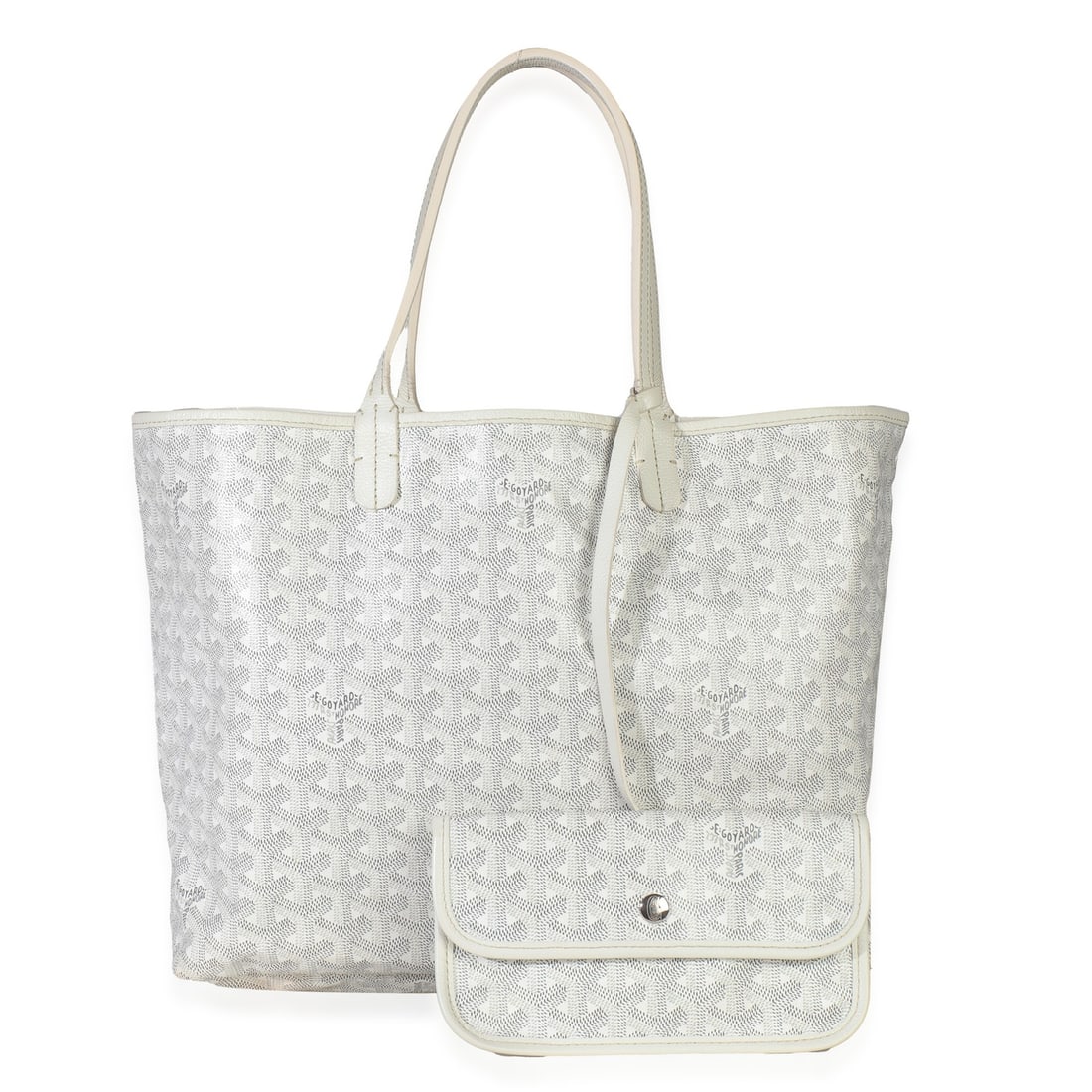 Saint Louis PM Tote White Canvas Handbag with Pochette by Goyard: Saint Louis PM Tote White Canvas Handbag with Pochette by Goyard This Goyard Saint Louis PM tote is crafted from white Goyardine canvas with a beige canvas lining. The bag features silver-tone hardwar