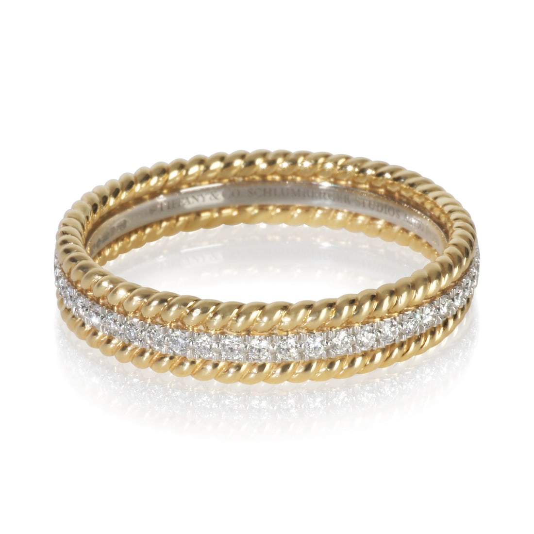 Schlumberger Rope Ring in 18k Yellow Gold and Platinum with Diamonds Size 10: Schlumberger Rope Ring in 18k Yellow Gold and Platinum with Diamonds Size 10 This Tiffany & Co. Schlumberger Rope ring is crafted from 18k yellow gold and platinum, featuring round brilliant diamonds