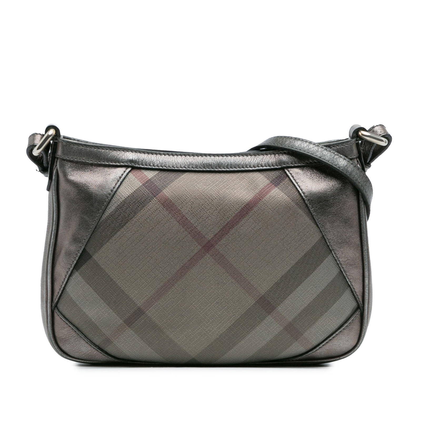 Burberry Shimmer Check Coated Canvas Crossbody Bag Italy Silver: Burberry Shimmer Check Coated Canvas Crossbody Bag Italy Silver The Burberry Shimmer Check Coated Canvas Crossbody is a stylish and functional accessory crafted from coated canvas with luxurious leath