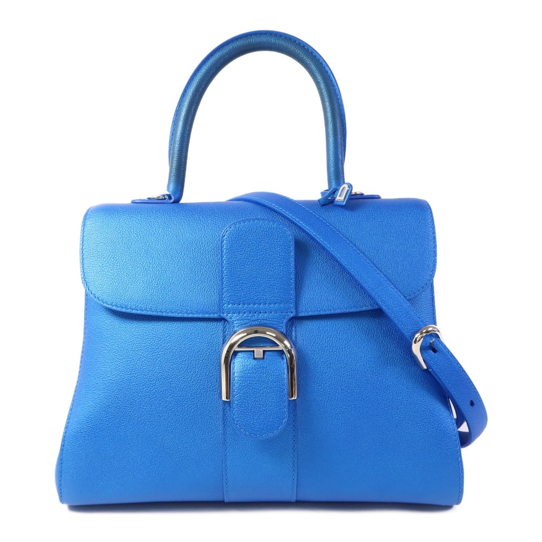 Delvaux Brillant MM Blue Calfskin 2way Shoulder Bag: Delvaux Brillant MM Blue Calfskin 2way Shoulder Bag Introducing the Delvaux Brillant MM 2way Shoulder Bag, a luxurious accessory crafted from high-quality calfskin leather in an elegant blue shade. Th