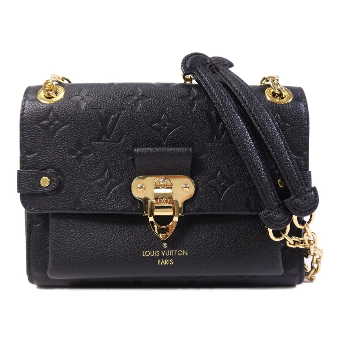 Louis Vuitton Vavin BB Black Calfskin Shoulder Bag with Chain M44550: Louis Vuitton Vavin BB Black Calfskin Shoulder Bag with Chain M44550 This Louis Vuitton Vavin BB chain shoulder bag features the signature Monogram Empreinte design in black calfskin leather. The bag