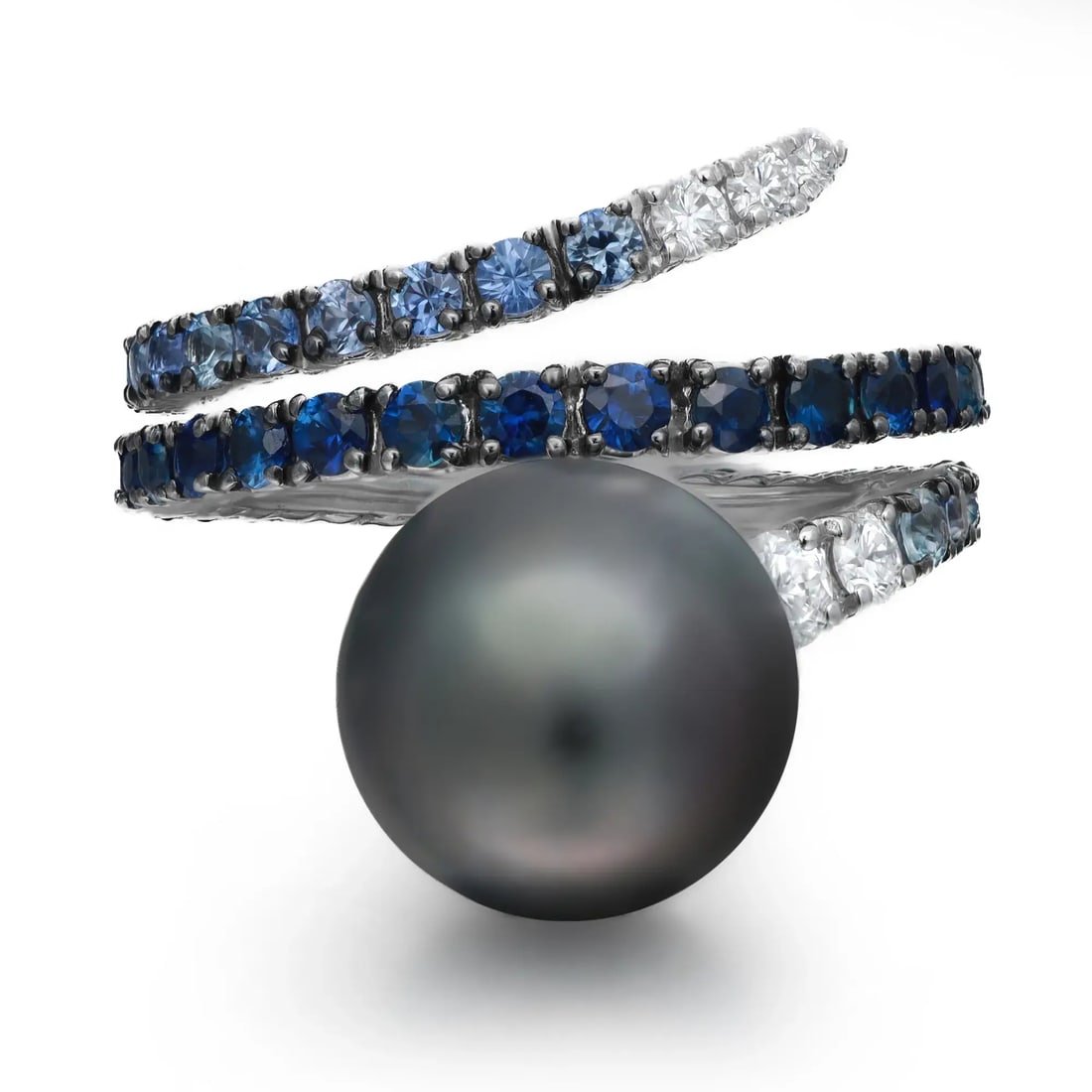 Damiani 18K White Gold Blue Sapphire Diamond Cocktail Ring with Pearl: Damiani 18K White Gold Blue Sapphire Diamond Cocktail Ring with Pearl Make a statement with this exquisite Damiani cocktail ring, masterfully crafted in 18K white gold. This stunning piece features a